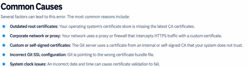 Seznam běžných příčin problémů se SSL certifikáty Gitu, včetně zastaralých kořenových certifikátů, certifikátů firemní proxy, vlastních CA, špatné konfigurace SSL Gitu a problémů se systémovými hodinami