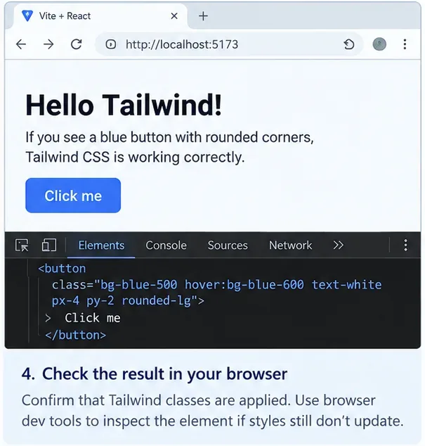 Nettleservindu som viser en Vite React-side med en blå Tailwind-stilknapp og et DevTools Elements-panel som viser verktøyklasser.