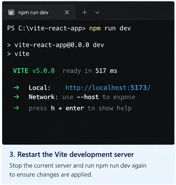Terminalvindu som viser npm run dev som starter en Vite-utviklingsserver og skriver ut en localhost-adresse.