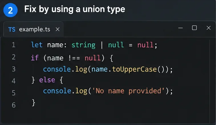 Editor kódu zobrazující sjednocení řetězců TypeScript s null a podmíněnou větví před voláním toUpperCase