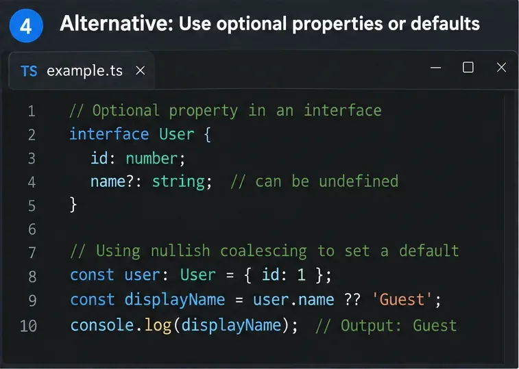 Editor kódu zobrazující volitelnou vlastnost TypeScript a slučování hodnoty nullish pro vytvoření výchozího nastavení pro hosta