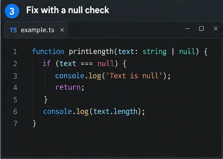 Editor kódu zobrazující funkci TypeScript, která vrací hodnotu dříve, když je text null, a poté bezpečně přečte text.length