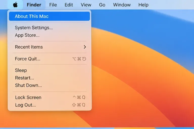 Mac-työpöydän Apple-valikko on avattuna ja Tietoja tästä Macista -valinta näkyy korostettuna.