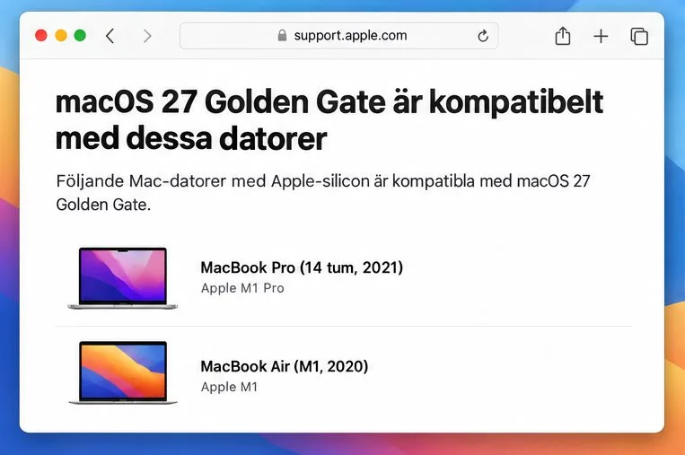 Apples kompatibilitetslista för macOS 27 visar exempel på en MacBook Pro med M1 Pro och en MacBook Air med M1.
