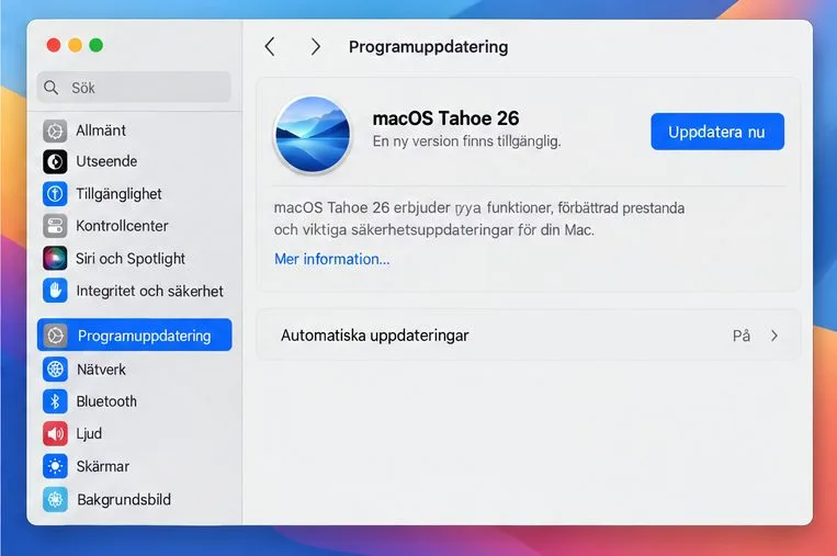 Panelen Programuppdatering visar macOS Tahoe 26 som ett exempel på en systemversion som erbjuds för en kompatibel Intel-Mac.
