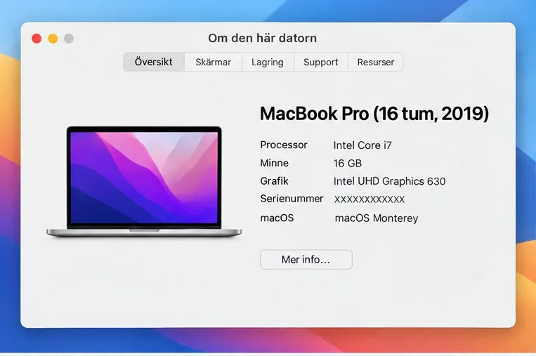 Fönstret Om den här datorn visar ett exempel på en MacBook Pro från 2019 med en Intel Core i7-processor.