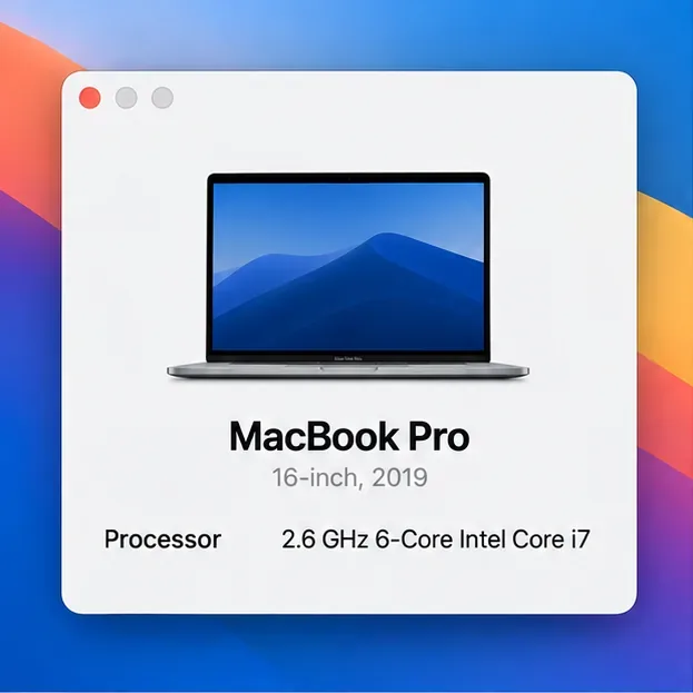 Vinduet Om denne Mac viser en MacBook Pro på 16 tommer fra 2019 med en Intel Core i7-processor.