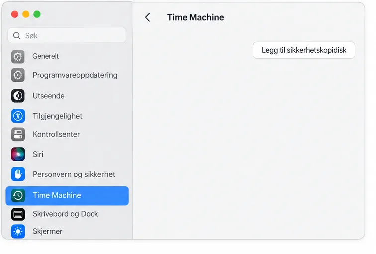 Skjematisk Time Machine-panel i Systeminnstillinger med knappen Legg til sikkerhetskopidisk