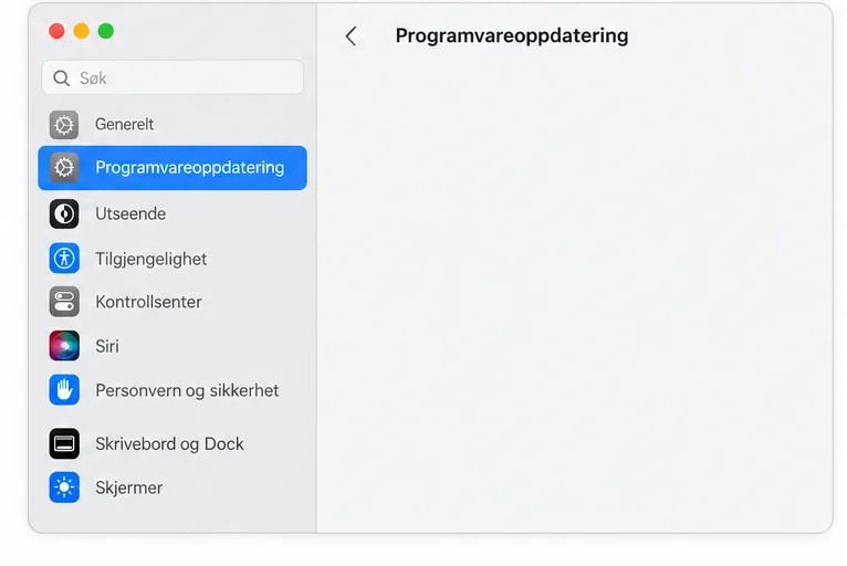 Skjematisk Systeminnstillinger-vindu på Mac der Generelt og Programvareoppdatering er valgt