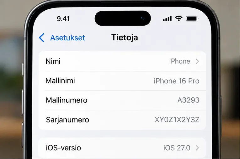 Havainnollistava iPhonen Tietoja-näkymä, jossa näkyvät mallinimi ja iOS-versio.