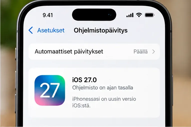 Havainnollistava iPhonen Ohjelmistopäivitys-näkymä, jossa näkyy iOS 27.