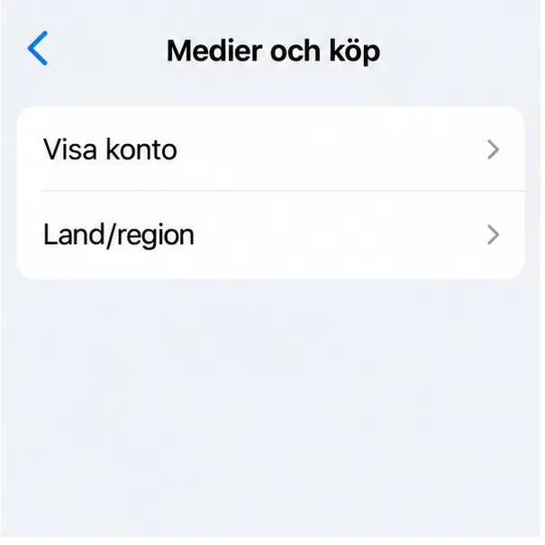 Sidan Medier och köp med valen Visa konto och Land/region