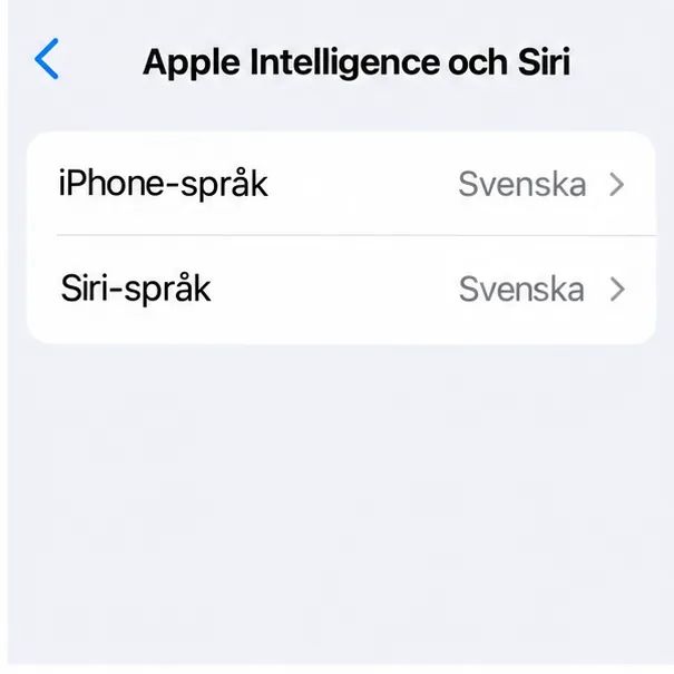 Inställningspanelen Apple Intelligence och Siri med iPhone-språk och Siri-språk inställda på svenska