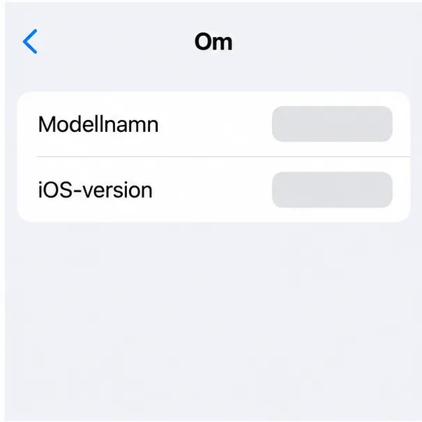 Inställningssidan Om med raderna Modellnamn och iOS-version; värdena är dolda i det schematiska exemplet