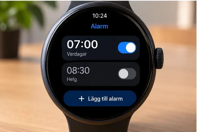 Smartklockans alarmlista visar ett aktivt alarm klockan 07.00 på vardagar och ett avstängt helgalarm.