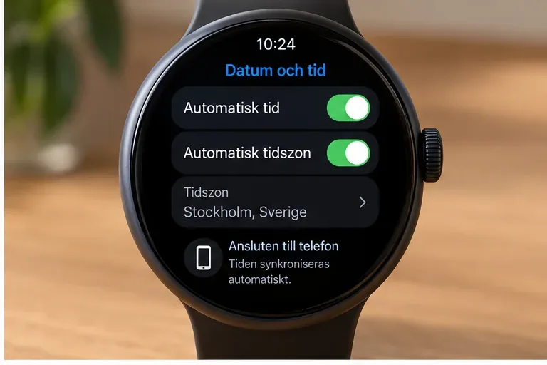 Smartklockans datum- och tidsinställningar visar automatisk tid, automatisk tidszon och Stockholm, Sverige.