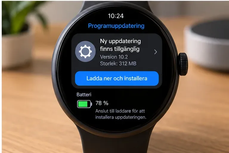 Smartklockans skärm visar att en programuppdatering finns tillgänglig samt batterinivå och installationsknapp.