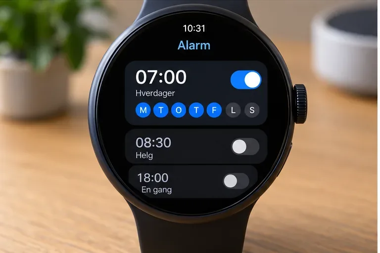 Smartklokke med en aktiv alarm klokken 07.00 på hverdager og andre alarmer som er slått av.