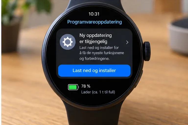 Smartklokke på en programvareoppdateringsskjerm med oppdatering tilgjengelig og batteriet på lading.