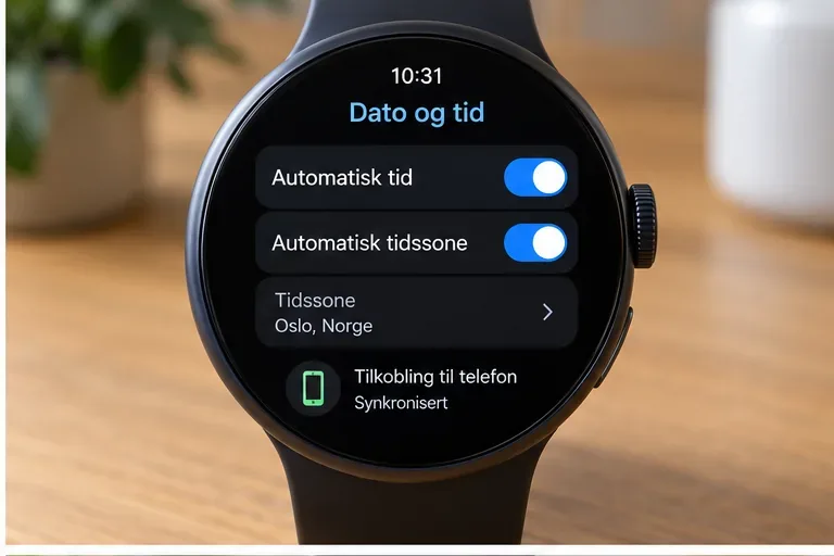 Smartklokke som viser automatisk tid og automatisk tidssone aktivert, med Oslo, Norge som valgt tidssone og telefonen tilkoblet.