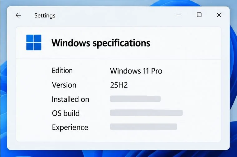 Närbild av Windows-specifikationer med Edition Windows 11 Pro och Version 25H2