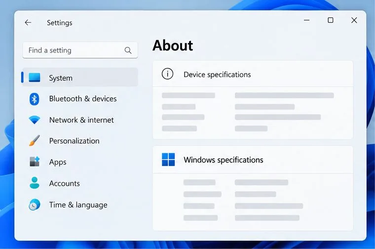 Windows 11-inställningar med System markerat och sidan About där Windows specifications visas
