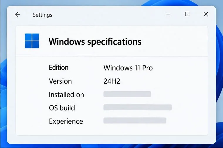 Närbild av Windows-specifikationer med Edition Windows 11 Pro och Version 24H2