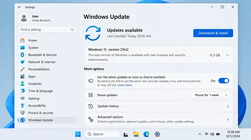 Windows Update-side med tilbud om Windows 11 versjon 25H2 og knapp for nedlasting og installasjon