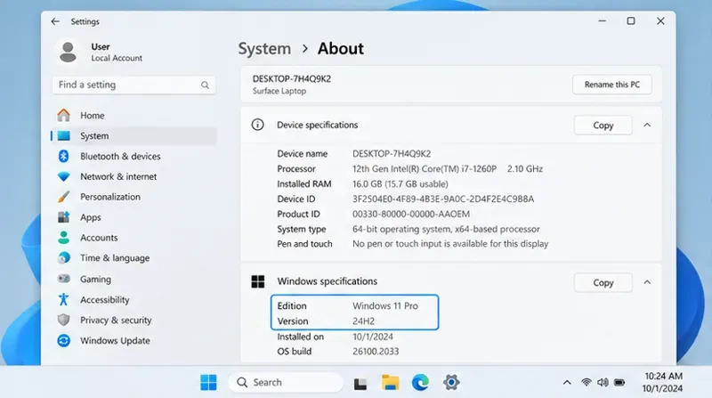 Windows 11-indstillinger med System, Om og Windows-specifikationer, hvor Pro og 24H2 er fremhævet