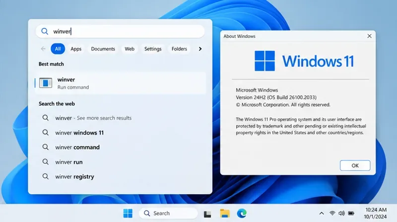 Windows-søgning efter winver ved siden af en Om Windows-dialog, der viser version 24H2